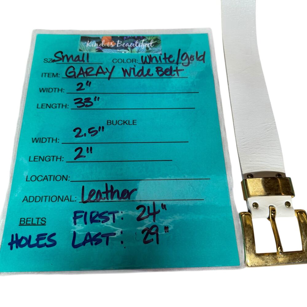 Garay Wide Leather Belt White Gold Vintage Womens SZ Small Minimalist Chic 60s - Picture 11 of 11